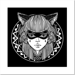 Hand Drawn Cat Woman Tshirt Demon Mask Foxy Mandala Posters and Art